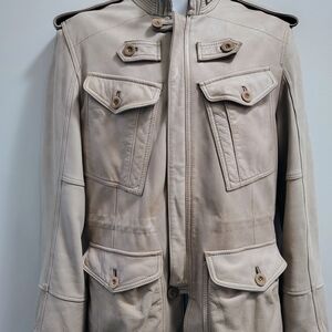 Reiss Men's Beige Leather Jacket Military Style Size M